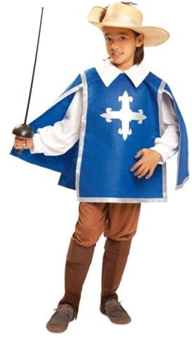My Other Me Déguisement Mousquetaire pour enfant, 7-9 ans. Comprend un chapeau beige avec plume et bande argentée, une chemise blanche, une casaque bleue avec croix, un pantalon et des guêtres marron.