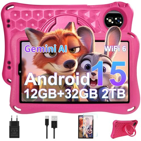 Tablette Enfants 9 Pouces Android 15 GMS,12Go RAM + 32Go ROM(TF 1 To), Octa-Core, Gemini AI Tablette Tactile, 5G WiFi 6, Widevine L1, 5000mAh,BT 5.0,Contrôle Parental Tablette avec EVA Cas-Rose