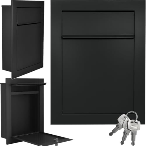 ALSTEN TECH Boîte aux lettres à encastrer RAL9017 noire en acier galvanisé avec revêtement en poudre, résistant aux intempéries, montage mural avec serrure, étiquette nominative compatible DIN A4