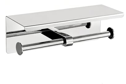 Ibergrif Porte Papier Toilette Double avec Etagere, Derouleur Acier INOX | Support Papier Toilette Auto-Adhesif ou avec Vis, Porte Rouleau WC pour Salle de Bain, Fixation Murale sans Percage, Argent