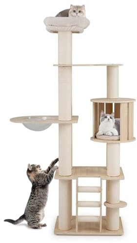 GOPLUS Árbol Rascador de 185 cm, Árbol para Gatos con Poste, Escalera y Cueva, Torre Rascadora con Protección Antivuelco y Patas Antideslizantes, Centro de Actividades para Gatos de Múltiples Niveles