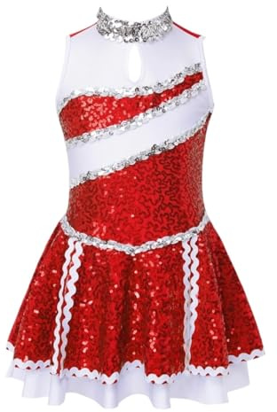 CNYUON Barn skinande paljetter cheerleading, uniform, balett, gymnastik, trikåklänning för dans, tävling, barn, konståkning för Cheerleading, klänning (röd, 12)