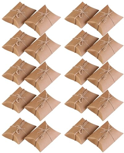 Yardenfun 150 St Kraftpappers Kuddformade Gåvolådor med Jutesnöre Vintage Godis Smyckesförpackningar för Bröllop Födelsedag Jul och Festliga Tillfällen Stapelbara och att