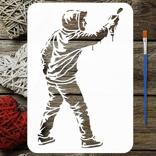 FINGERINSPIRE Graffiti Schablone Mit Pinsel 21x29.7cm Wiederverwendbar DIY Graffiti Vorlage Für Männer Aus Kunststoff PET Banksy Motiv Zum Bemalen von Holz Stoff Und Kleidung