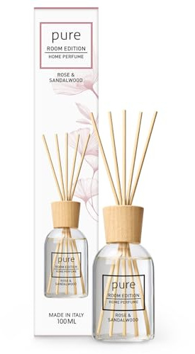 PURE ROOM EDITION 100ml Raumduft Rose & Sandelholz | natürliche Inhaltsstoffe, vegan & tierversuchsfrei, Bio-Alkohol, Diffuser mit Stäbchen hergestellt in Italien