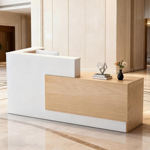 L-förmiger Empfangstisch mit Abschließbaren Schublade & Ablagefächern, Empfangstheke Empfangstresen mit Offenen Regalen & Tastaturablage, Moderne Rezeptionstisch aus Holz für Büro, Lobby, Salon, Café