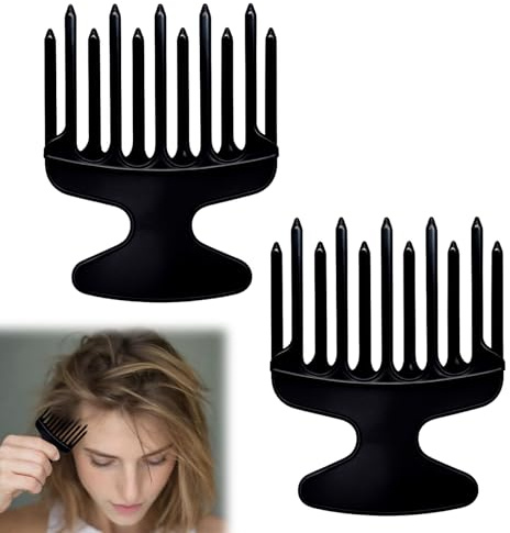 Pettine afro, 2 pezzi, colore nero, con manico superiore, ricci naturali, in plastica, per parrucchieri e casa