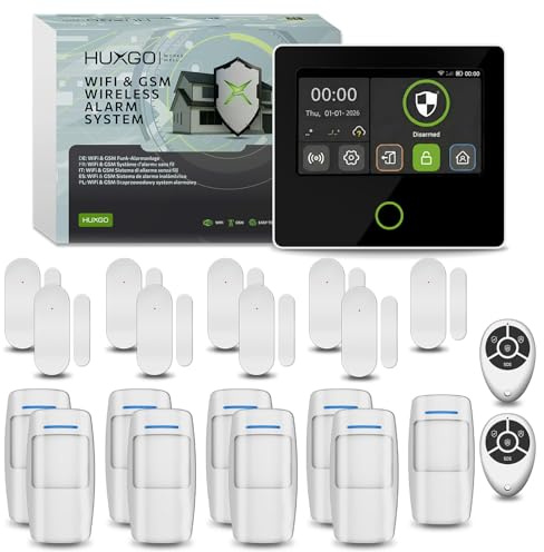 HUXGO® Alarmanlage Funk Set Haus, Garage WLAN + GSM 4G | Alarm Kit mit 9X PIR-Sensoren, 9X Tür- & Fenstersensoren | DIY-Montage & integrierte Sirene – Wohnmobil Alarmanlage | Modell HXA502