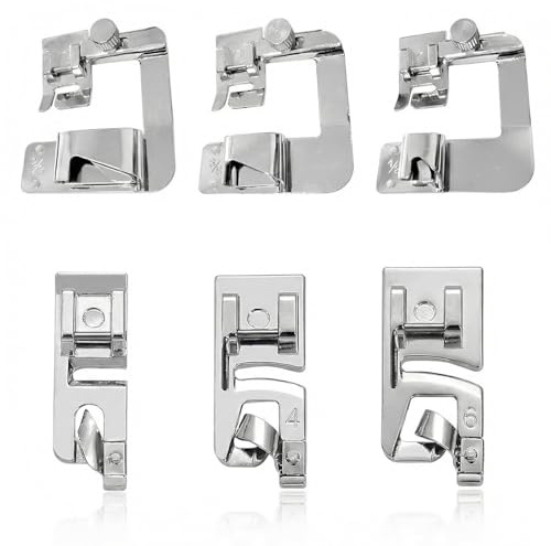 6 Nähfüße aus Edelstahl für Nähmaschine, 3 Füße mit schmalem Rollsaum (3/4/6 mm), 3 breite Rollsaum-Nähfüße (4/8,6/8,8/8 Zoll), kompatibel mit Brother
