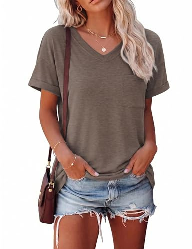 Aottori Camiseta Mujer Verano Manga Corta Camisetas Cuello en V T-Shirt con Bolsillo Basicas Suelta Top Elegante Marrón XL
