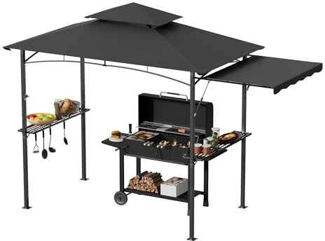 XMTECH Grillpavillon 339x141cm Doppeldach Seitenmarkise BBQ Grau Garten | Hydraulisches Vordach, wasserabweisendes Polyester, 2 Metallregale, Haken, pulverbeschichteter Stahlrahmen