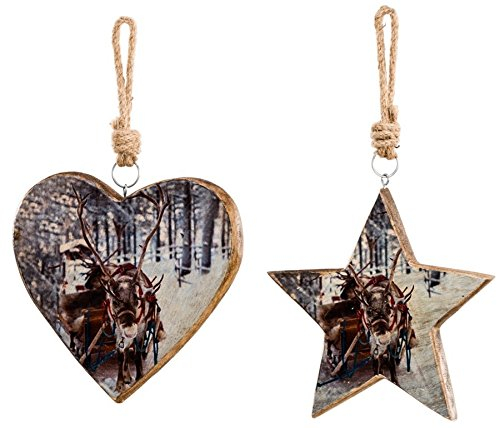 condecoro Deko-Hänger - Stern/Herz - mit Rentier Motiv Geschenkanhänger Holzhänger, 2er Set