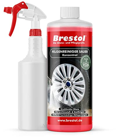 Brestol Felgenreiniger Konzentrat Set1 (1 Liter Konzentrat + Sprühkopf + Leere 750 ml Flasche) - für Alufelgen Stahlfelgen Autofelgen LKW-Felgen Leichtmetallfelgen = 10 Liter gebrauchsfertige Lösung