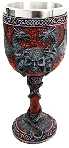 Ebros Celtic Dual Twin Dragon Blood Guarding Skull Heraldry Crest 7H Wine Goblet Cup Chalice Beverage Drinks Dungeons And Dragons Medieval Renaissance Decor Kitchen Party Hosting Accessory