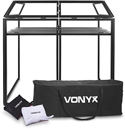Vonyx DB3 DJ Pult, DJ Booth, großer mobiler DJ Tisch klappbar mit Tragetasche und weißer und schwarzer Husse, faltbar DJ Equipment, DJ Table, DJ Stand
