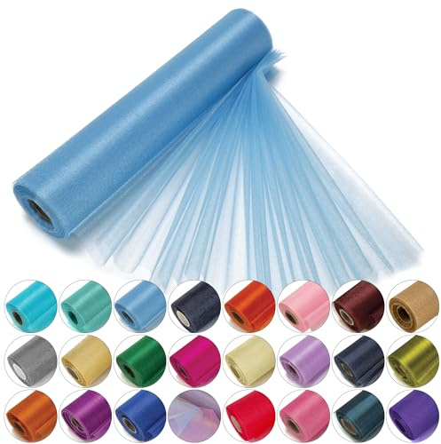 Trimming Shop Organza Roll Snow Sheer Glitter Fabric Elegant Decorative Cloth for Chair Bow Sash, Table Runner,Wedding Venue, Party Decoration, 25m x 29cm, Blue