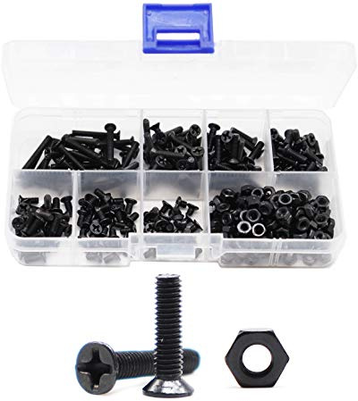 binifiMux M3 Screws Kit, 360pcs (7 Sizes) M3-0.5mm Black Countersunk Flat Head Phillips Machine Screws and Hex Nuts Kit for 3D Printer Robot Project Toys RC Models