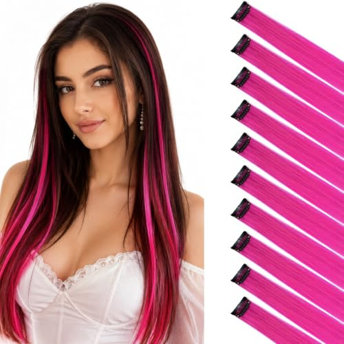 20(50 cm) Extensoines de Colores de Cabello Clip Pelo Sintético Se Ve Natural 10 PCS Mechas Fantasía para Niñas Muñecas Lisos Postizos de pelo #Púrpura & Rosa