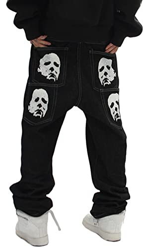 ORANDESIGNE Men Hip Hop Jeans Baggy Straight Leg Gewaschen Jeanshose Casual Denim Hosen Vintage Bedruckte Jeans Teenager Jungen Skateboard Hose Streetwear