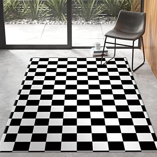 Tzvpsu Küchen deko Waschbarer Wohnzimmerteppich Schwarz Weiß Kariert,umkleidekabine kuschel Teppich,140x200cm