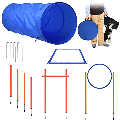 XMTECH Agility Ausrüstungs Set für Hunde, Hürde Tunnel Training inkl.Slalomstangen, Einstellbar Sprungring, Hochsprungstange,Tragetasche für mehr Spaß