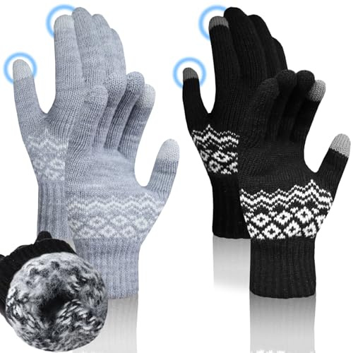 NLAND Gants Hiver 2 Paires Tricotés Unisex Tactile pour Vélo Moto Cyclisme Chaud Homme Femme (Noir+Gris, Taille Unique)