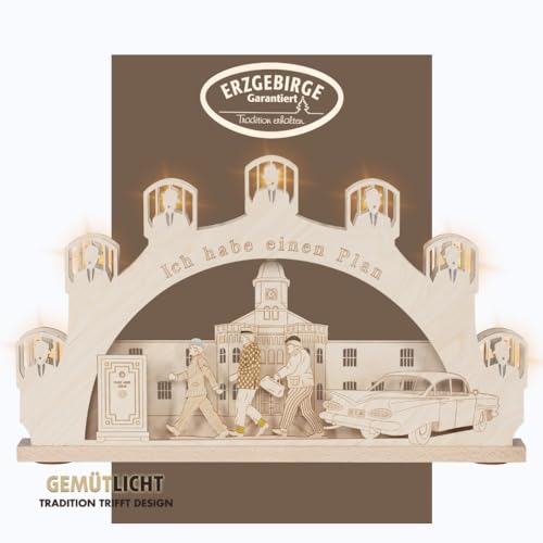 weigla - Schwibbogen original Erzgebirge I Lichterbogen Weihnachten I Motiv Olsenbande I 7 Lampenkerzen + 1 Ersatzlampe I 7 x 34 V, 3 W, E10 I beleuchtete Weihnachtsdeko innen I Ganzjahresdeko