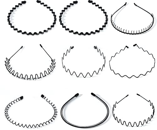 9 Stück Metall Haarband, Welle Haarreif Männer Damen mit Rutschfesten Zähnen, Schwarz Rutschfeste Elastisches Mode Haarreif Haarstyling Zubehör für Sport, Fitness, tägliches Make-up (Schwarz)