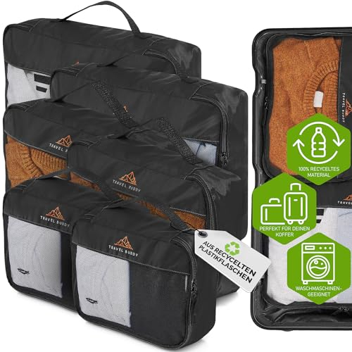 TRAVEL BUDDY® Koffer Organizer Set - 100% Recycling Material - Ultra leicht & waschbar - 6 Packtaschen Schwarz für deinen Koffer