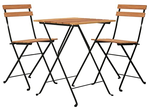 3-tlg. Klappbar Bistro-Set Teak & Stahl, Outdoor Möbel Set for Garten, Balkon und Terrasse