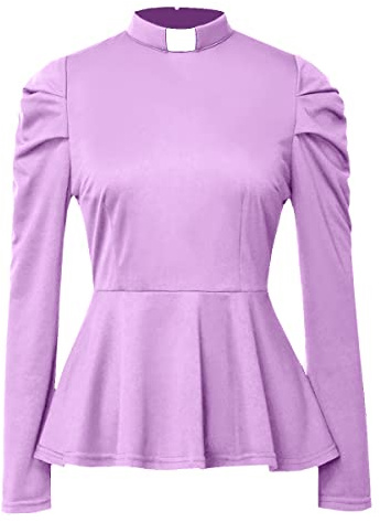 Dam elegant smal passform långärmad volangfåll ståkrage blus skjorta enfärgad toppar casual arbete toppar, Ljusviolett, L