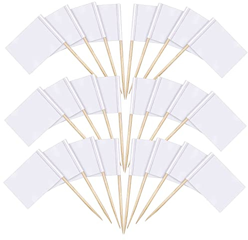 ZIOYA 300 Stück Weiße Fähnchen zum Beschriften Zahnstocher Flaggen Dekorative Zahnstocher Obst Sticks für Buffets Cocktail Party Essen Käseplatte Burger Obstsalatplatte Vorspeisen