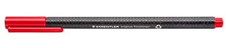 STAEDTLER dreikantiger Fineliner triplus, rot, aus recyceltem Kunststoff, superfeine, metallgefasste 0,3 mm Spitze, lange Lebensdauer, 10 rote Fineliner im Kartonetui, 334 R-2