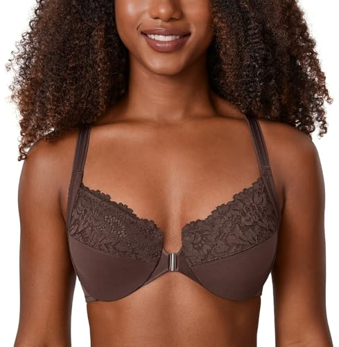 DELIMIRA Kvinnors Främre Stängning Plus Size Full Täckning Spets Bygel Racerback Bh Hasselnöt 75D