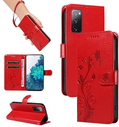 SRISHP Hülle für Samsung Galaxy S20 FE / S20 LITE Handyhülle, Rot | Premium PU Leder, Handyhülle Mit Band, Magnet Flip Case, Kartenfächer, Ständer Klappbar Tasche, Standfunktion Schutzhülle