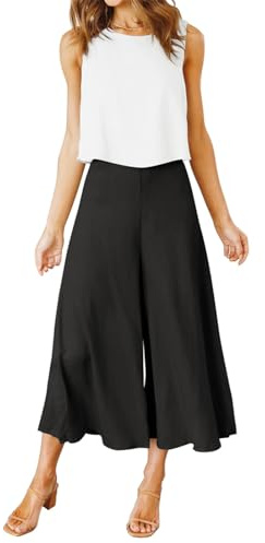 FANCYINN Dam vardaglig träningsoverall 2 delar rund hals myskläder med breda ben byxor outfit lös höst sommar set, Vit topp och svarta byxor, XL