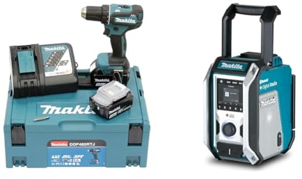 Makita DDF485RTJ Akku-Bohrschrauber 18, 0V, Blau/Silber & DMR115 Akku-Baustellenradio (ohne Akku, ohne Ladegerät), Türkis, Schwarz, Silber