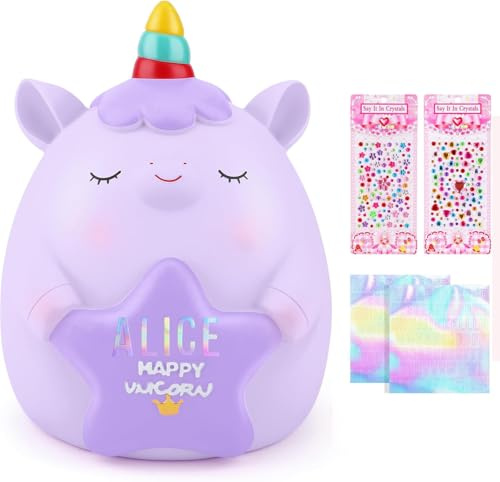 TCJJ Sparschwein Kinder,Einhorn Spardose Mädchen,SparbüChse Für Kinder 2 Alphabet&2 Strass Aufkleber&Einhorn Armband Set,Mädchen Einhorn Geschenke Für Geburtstag, Weihnachten