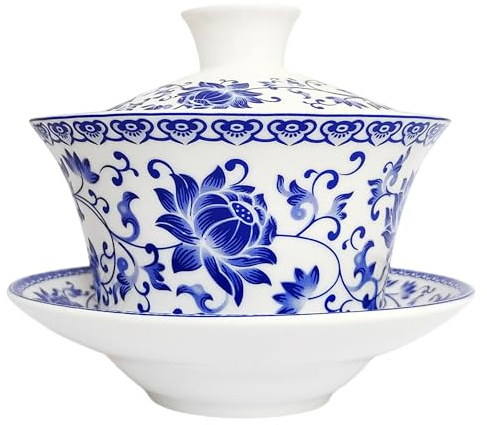 NIUKOMY Chinesische Porzellan Gaiwan Teetasse 200ML Blaue Lotus | Traditionelle Kung Fu Sancai Keramik Teebecher Teeschale mit Untertasse und Deckel, für Losen Tee, Teeliebhaber Teekunst