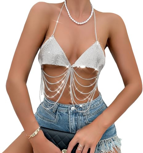 JIAHG Débardeur à Paillettes Dos Nu col V Femmes Sexy Soutien-Gorge à Franges d'étoiles Haut de Danse à Sequin Jazz Latine Danse du Ventre Top à Paillettes Club Bar Plage Crop Top Clubwear Dancewear