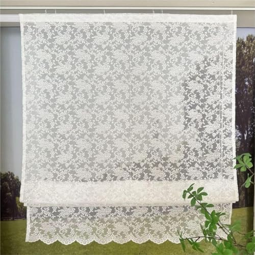 Vordesack Jacquard Raffrollo mit Blumen Muster Landhausstil weiße Spitzenoptik mit gebogten Abschluss Raffgardine mit Klettband 1 Stück HxB 140x70cm