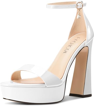 Aachcol Femmes Plate-forme Chunky Haut High Talon Heels Ouvert Bout Lanières Cheville Bloc Heeled Sandales Danse Sexy Dress Chaussures 13 CM Heels Blanc 37 EU