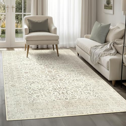 artyrugs Machine Washable Rug, 122x170cm, 75% Recycled Cotton, Short Pile, Non-Slip Backing, Non-Shedding, Suitable for Living Room, Bedroom, Kitchen, Hallway, Office, Ashen Cream