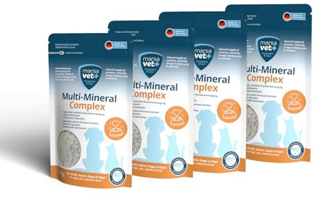 Marsavet Multi-Mineral- Complex Pulver 4X 125 g mit Vitaminen, Mineralstoffen, Omega 3 & Proteinen für Hunde, Katzen und andere Haustiere. Es bietet essenzielle Nährstoff