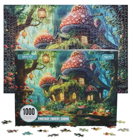 MISITU Puzzle 1000 pièces pour adultes Maison champignon dans la forêt enchantée Puzzle de Noël 70 x 50 cm