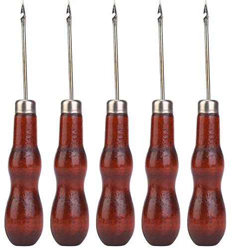 5PCS Wooden Handle Sewing Hook Awl Hole Punch Stitching Tool for Leather, Clothing, Paper Craft with Wood Handle, Ergonomic Design Household Use Crafts