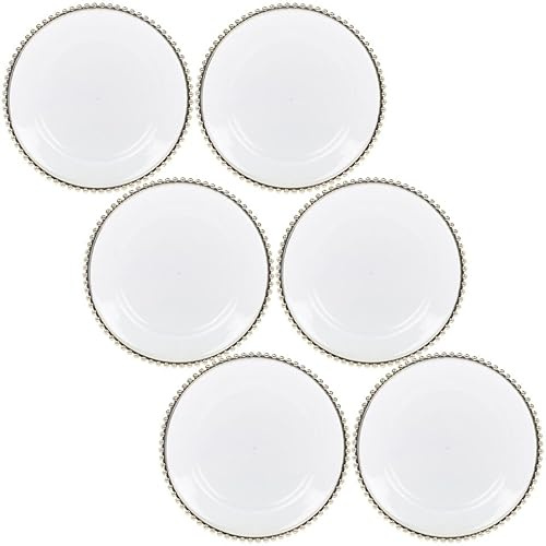 URBNLIVING 32cm Width 6 Pcs Clear Charger Gold Rim Acrylic Round Serving Plates Set with Metallic Beaded Colored Rim Party Banquets Table for Christmas Halloween Wedding Catering Event Decoration