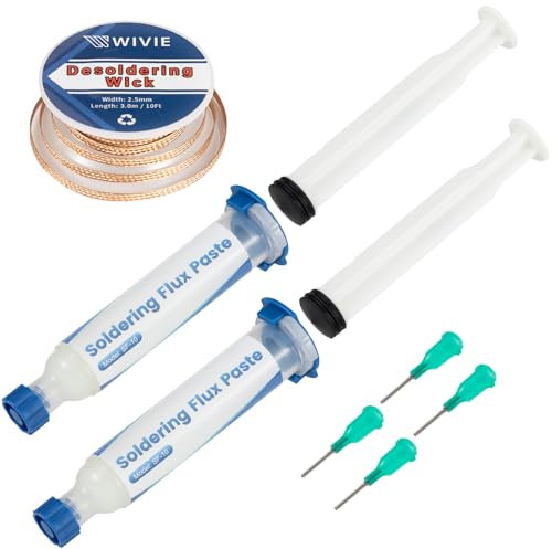 WIVIE Flux de pâte à souder sans plomb (2 paquets) et mèche à dessouder de 2,5 mm, fil à dessouder 3 m/10 m, fil à dessouder en cuivre pur pour enlever la soudure (1 pièce)