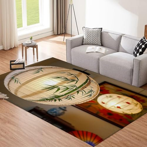 CEDNXOER Grüner Bambus Teppich Groß,Einfache Pflege Kurzflor Waschmaschinenfest Mehrfarbig Teppich, 200×300cm Laterne Druck Bodendekoration Teppiche FüR Wohnzimmer