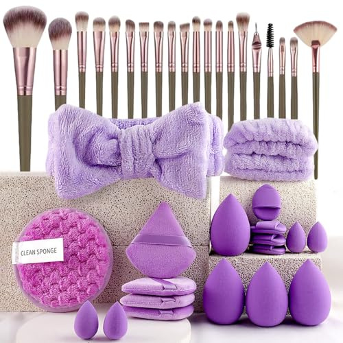 Lot de 40 pinceaux de maquillage professionnels - Mélange de fond de teint - Éponges et applicateurs de qualité supérieure - Violet
